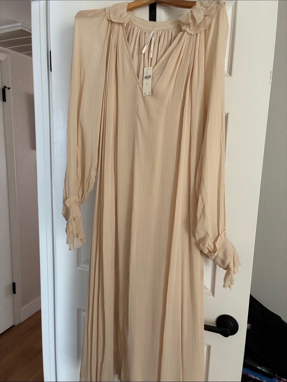 Anthropologie Long Sleeve Ruffle-Neck Midi Dress - Cream